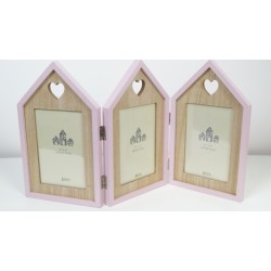 Triple house shaped picture photo frame with cut-out hearts pink