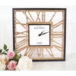 Modern Square Wood Skeleton Wall Clock Roman Numerals Quartz