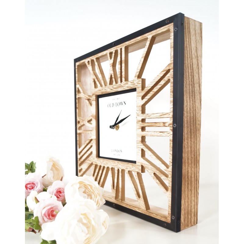 Modern Square Wood Skeleton Wall Clock Roman Numerals Quartz