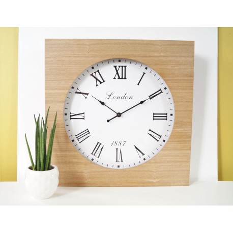 Modern Wood Natural Square Wall Clock Roman Numerals Quartz 40cm